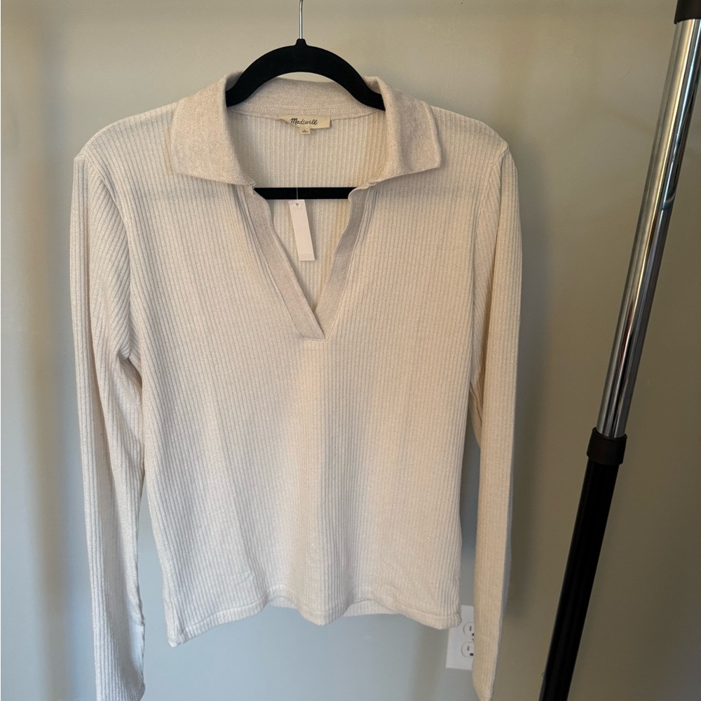 NWT Madewell L Cream with Gold Shimmer Ribbed Sweater Collar